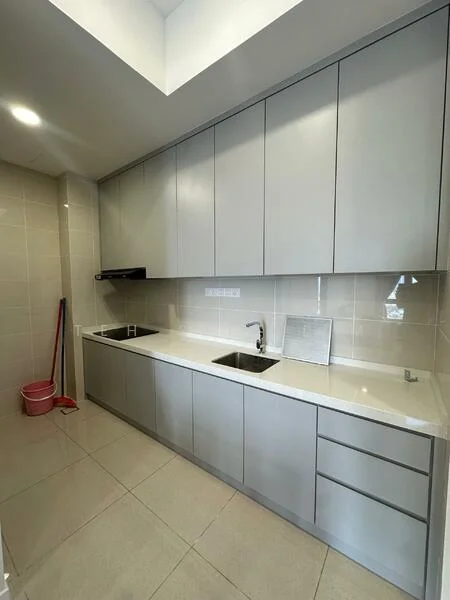 Kitchen features: grey flat-panel cabinets, white quartz countertop, double-bowl stainless-steel sink, chrome pull-down faucet, built-in range hood, ceramic tile flooring, white tiled backsplash, recessed downlights, open shelving, kitchen island, wall-mounted cabinets; style: modern.