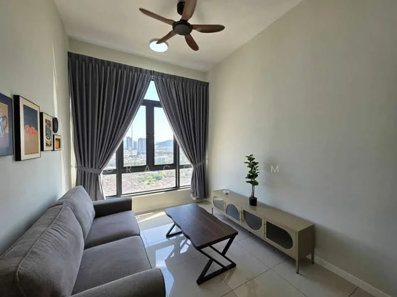 Living features: 3-seater fabric sofa in grey, wood coffee table, floor-to-ceiling windows, city skyline view, curtains in grey, recessed ceiling light, wall-mounted decorative frames, white painted walls, glossy tile flooring; style: modern; view: city.