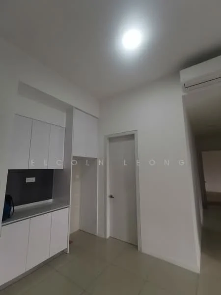 Room features: white painted walls, light grey tiled flooring, recessed ceiling lights, wall-mounted split AC, white cabinetry, grey backsplash, door leading to another room; style: modern.