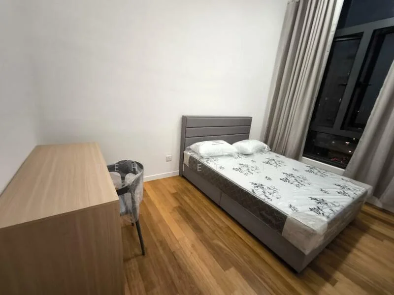 Bedroom features: queen-size bed with grey upholstered headboard, white bedding, wooden flooring, light grey walls, floor-to-ceiling windows, sheer curtains, wooden dresser, desk chair; style: modern; view: city.