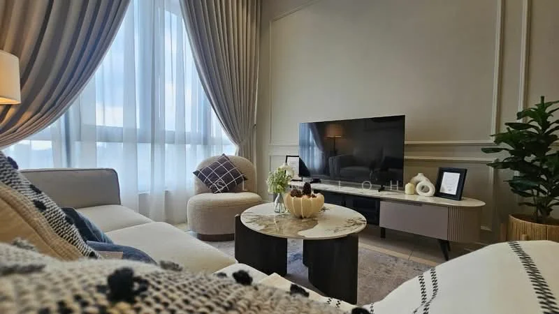 Living features: 3-seater fabric sofa in light grey, accent chair in cream, round coffee table with marble top, flat-screen TV on console, decorative plant in pot, floor-to-ceiling windows with sheer curtains, textured area rug, decorative throw pillows, wall-mounted artwork, light fixture on side table; style: modern; view: city.