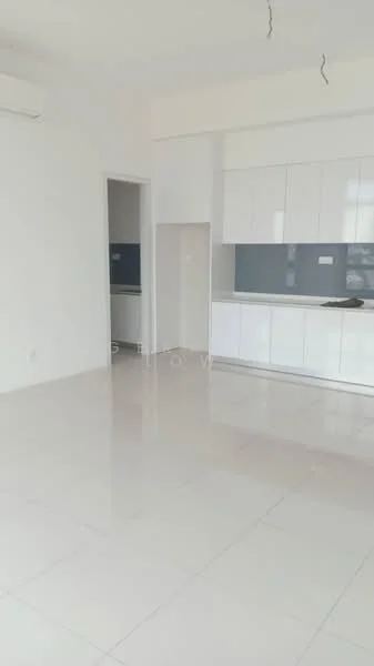 Living features: white painted walls, glossy ceramic tile flooring, recessed downlights, wall-mounted split AC, open kitchen layout, kitchen cabinetry with white finish, blue backsplash, countertop with space for appliances; style: modern.
