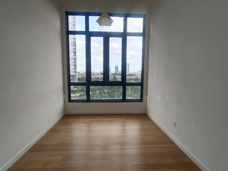 Room features: large floor-to-ceiling windows, wooden flooring, white painted walls, modern pendant light, city view; style: modern; view: city.