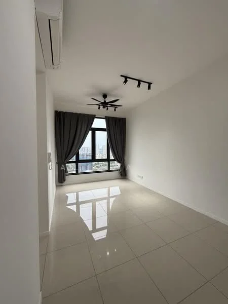 Living features: white painted walls, glossy ceramic tile flooring, 5-blade ceiling fan with light, track lighting, floor-to-ceiling windows, grey curtains, city view; style: modern; view: city.