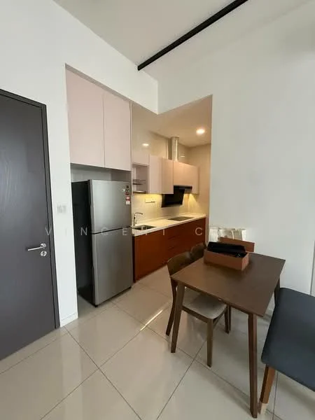 Kitchen features: light wood cabinetry, white quartz countertop, stainless-steel fridge, built-in oven, ceramic cooktop, single-bowl stainless-steel sink, chrome pull-down faucet, pendant lighting, tile backsplash, dining table with wooden surface, four wooden chairs, grey upholstered bench, white walls, glossy tile flooring; style: modern.