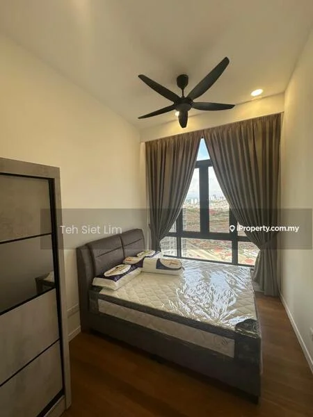 Bedroom features: king-size bed, upholstered headboard, bedside lamps, floor-to-ceiling windows, blackout curtains, 5-blade ceiling fan, wooden flooring, decorative wall art; style: modern; view: city.