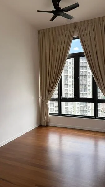 Room features: wooden flooring, white painted walls, floor-to-ceiling windows, black ceiling fan, curtains, city view; style: modern; view: city.