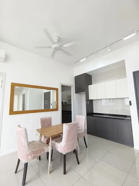 Dining features: 4-seater dining table, light wood table, 4 upholstered dining chairs in pink, white painted walls, ceramic tile flooring, ceiling fan, large wall mirror, black cabinetry, white upper cabinets, recessed lighting; style: modern. Kitchen features: black cabinetry, white upper cabinets, recessed lighting; style: modern.