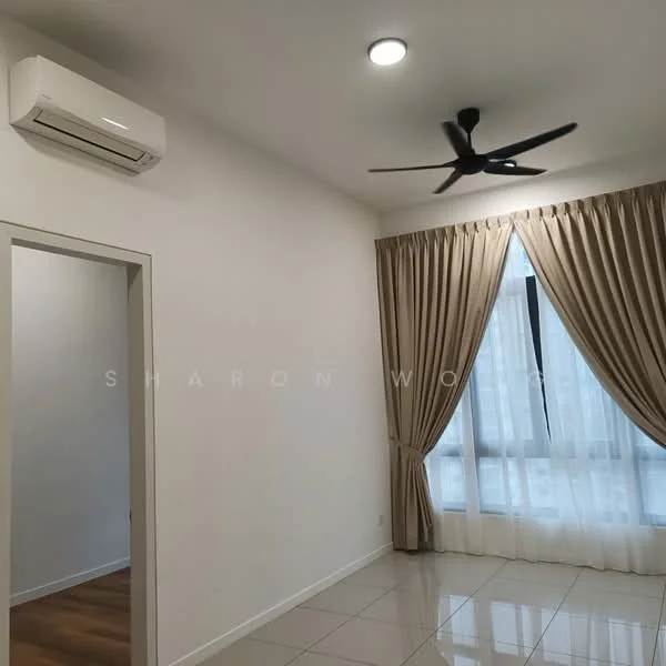 Room features: white painted walls, tile flooring, 5-blade ceiling fan with light, wall-mounted split AC, floor-to-ceiling windows, sheer curtains, curtains in beige, laminate flooring; style: modern.