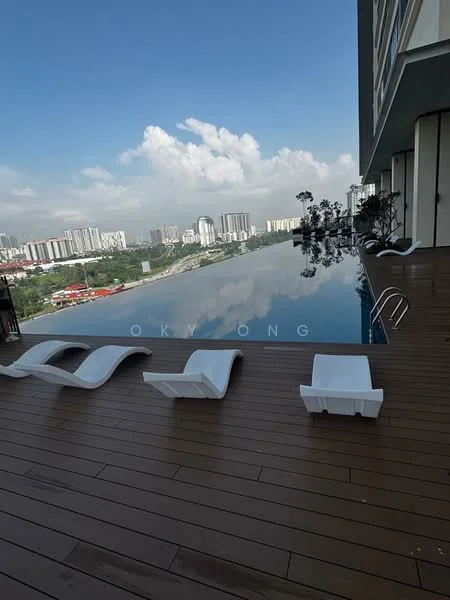 Exterior type: high-rise condominium; features: infinity pool, pool deck with loungers, wooden decking, city skyline view, surrounded by greenery, modern architectural design; style: modern.