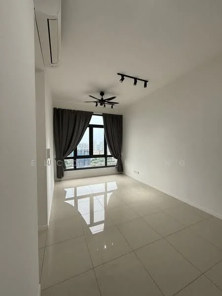 Living features: white painted walls, glossy ceramic tile flooring, 5-blade ceiling fan with light, recessed LED downlights, floor-to-ceiling windows, blackout curtains, city view, track lighting; style: modern; view: city.