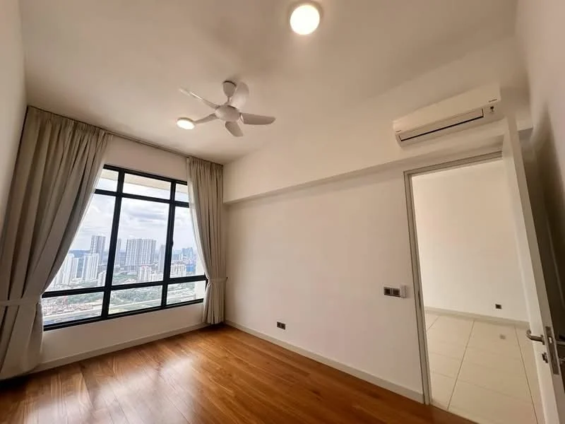 Bedroom features: wooden flooring, white painted walls, 5-blade ceiling fan with light, floor-to-ceiling windows, sheer curtains, wall-mounted split AC, city view; style: modern; view: city. Room features: white painted walls, tile flooring.