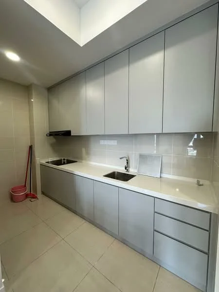 Kitchen features: grey flat-panel cabinets, white quartz countertop, double-bowl stainless-steel sink, chrome pull-down faucet, built-in oven, ceramic tile flooring, white tiled backsplash, recessed downlights, wall-mounted range hood, open shelving, cleaning supplies visible; style: modern.