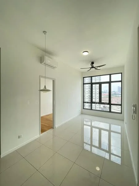 Living features: white painted walls, glossy ceramic tile flooring, 5-blade ceiling fan with light, wall-mounted split AC, floor-to-ceiling windows, city view, pendant light, doorway leading to another room; style: modern; view: city.