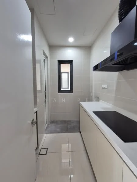Kitchen features: white cabinetry, black countertop, built-in stove, wall-mounted range hood, grey tile flooring, white tiled walls, single-bowl stainless-steel sink, recessed downlights, window with black frame, door leading to another room; style: modern.