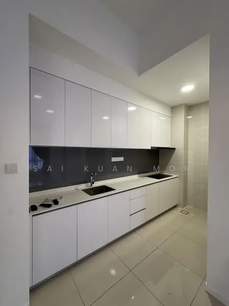 Kitchen features: white flat-panel cabinets, grey glass backsplash, double-bowl stainless-steel sink, chrome pull-down faucet, white countertop, built-in oven, freestanding range oven, ceramic tile flooring, recessed LED downlights, wall-mounted cabinets, open shelving, tile cladding on wall, drainage outlet in floor; style: modern.