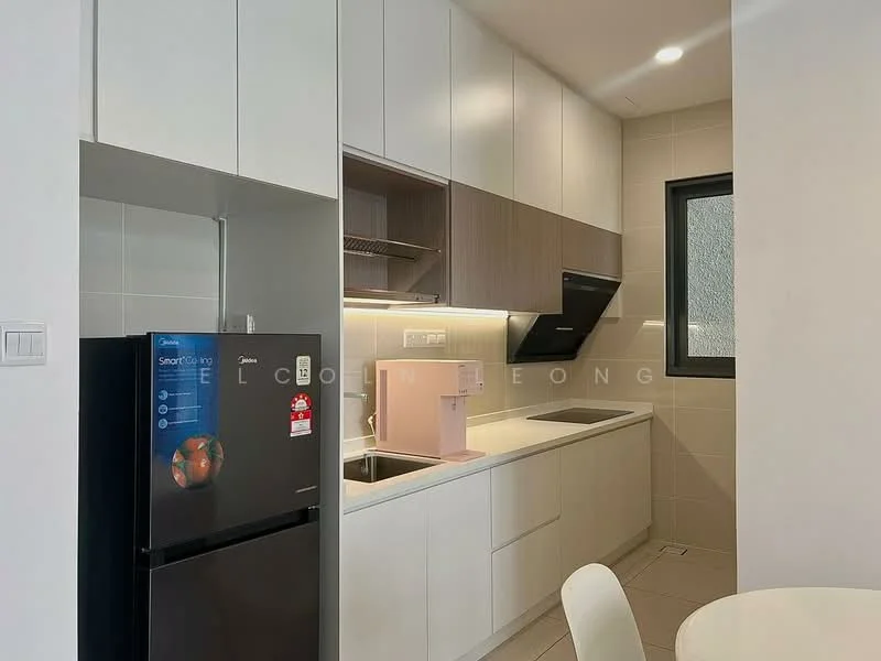Kitchen features: white cabinetry, wooden upper cabinets, black refrigerator, built-in oven, stainless-steel sink, chrome pull-down faucet, white countertop, tile backsplash, induction cooktop, under-cabinet lighting, window with black frame; style: modern.