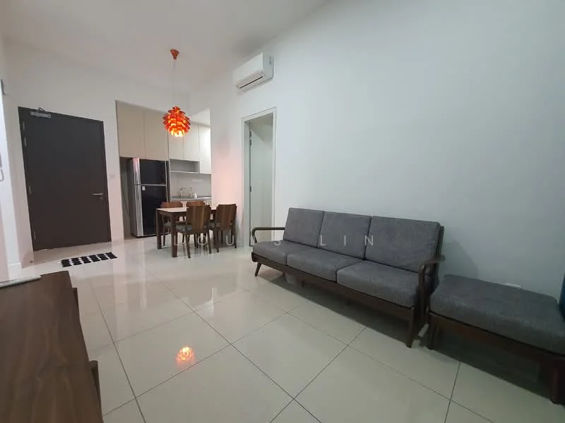 Living features: grey fabric 3-seater sofa, wooden coffee table, 4-seater dining table, black and white checkered rug, pendant light fixture in orange, wall-mounted air conditioning unit, white painted walls, glossy tile flooring; style: modern.