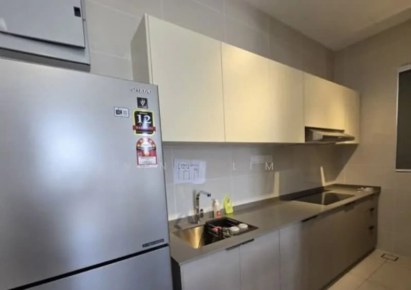Kitchen features: stainless-steel fridge, stainless-steel sink, chrome pull-down faucet, grey laminate countertop, white flat-panel cabinets, built-in oven, ceramic tile flooring, wall-mounted split AC, window with blinds, kitchen backsplash; style: modern.