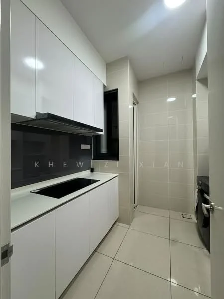 Kitchen features: white shaker cabinets, black single-bowl stainless-steel sink, chrome pull-down faucet, white quartz countertop, ceramic tile flooring, recessed downlights, built-in oven, freestanding washing machine, grey tiled backsplash, wall-mounted cabinets, open shelving, sliding door to utility area; style: modern.
