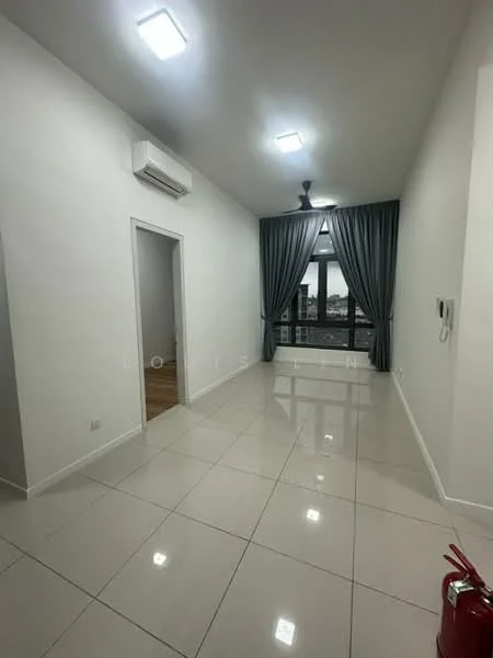 Living features: white painted walls, glossy ceramic tile flooring, 5-blade ceiling fan with light, wall-mounted air conditioning unit, floor-to-ceiling windows, grey curtains, intercom panel, decorative wall paneling, light fixtures on ceiling; style: modern; view: city.