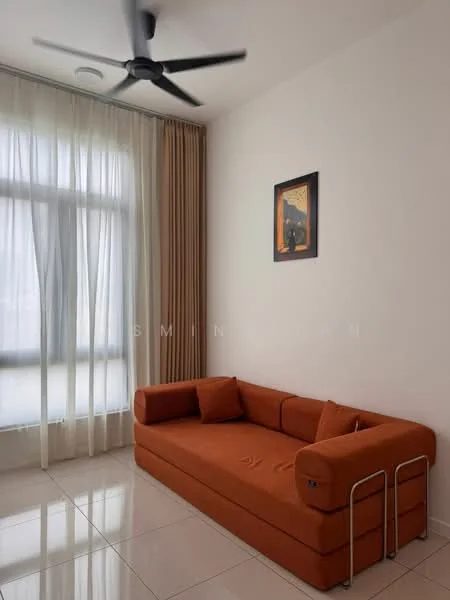 Living features: orange fabric sofa, floor-to-ceiling windows, sheer curtains, white walls, glossy tile flooring, ceiling fan, framed artwork on wall; style: modern.