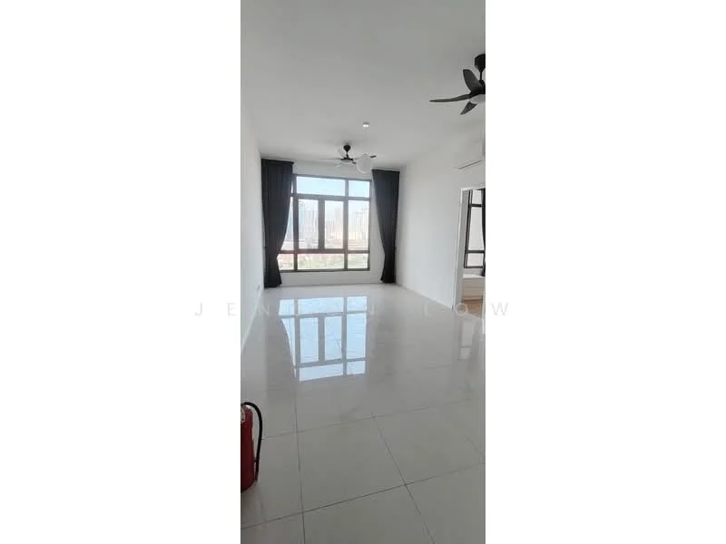 Living features: white painted walls, glossy ceramic tile flooring, floor-to-ceiling windows, blackout curtains, 2-blade ceiling fan, recessed downlights, natural light from windows, city view; style: modern; view: city.