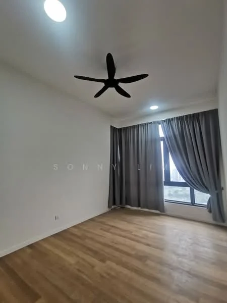 Room features: wooden flooring, white painted walls, black ceiling fan, floor-to-ceiling window, grey curtains, natural light, no visible furniture; style: modern; view: city.