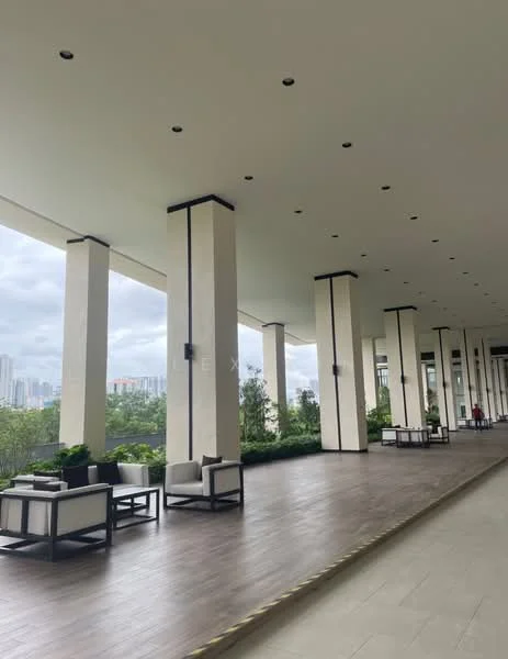 Exterior type: high-rise condominium; features: covered walkway, large columns, wooden flooring, landscaped greenery, outdoor seating area with armchairs, city skyline view, recessed lighting, open-air design; style: modern.