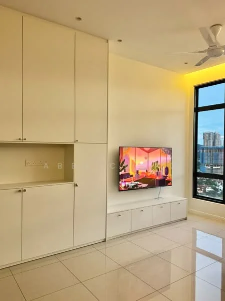 Living features: white cabinetry with multiple doors, wall-mounted TV, large window with city view, cream-colored walls, glossy tile flooring, ceiling fan, recessed lighting, built-in storage unit; style: modern; view: city.