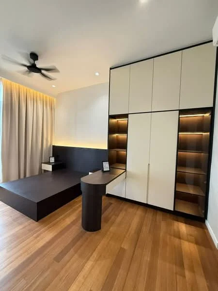 Room features: wooden flooring, ceiling fan, built-in cabinetry with lighted shelves, neutral wall colour, recessed lighting, floor-to-ceiling windows with sheer curtains, platform bed area, decorative wall paneling; style: modern.