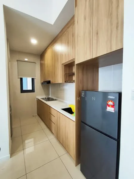 Kitchen features: wood cabinetry, white countertop, single-bowl stainless-steel sink, chrome pull-down faucet, built-in oven, fridge, ceramic tile flooring, recessed downlights, window with roller blinds; style: modern.