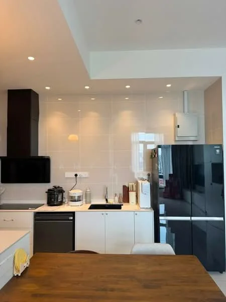 Kitchen features: white cabinetry, black countertop, stainless-steel sink, chrome pull-down faucet, built-in microwave, stainless-steel refrigerator, black dishwasher, wall-mounted TV, recessed LED downlights, pendant light, wooden dining table, cream upholstered dining chairs; style: modern.