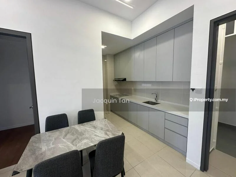 Kitchen features: grey cabinetry, marble dining table, 4 upholstered dining chairs, single-bowl stainless-steel sink, chrome pull-down faucet, built-in oven, ceramic tile flooring, white walls, recessed downlights, wall-mounted cabinets, countertop with storage, open shelving; style: modern.