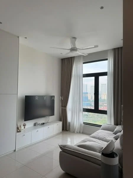 Living features: 5-blade ceiling fan, wall-mounted TV, white TV console, light-colored fabric sofa, large window with city view, sheer curtains, white walls, glossy tile flooring; style: modern; view: city.
