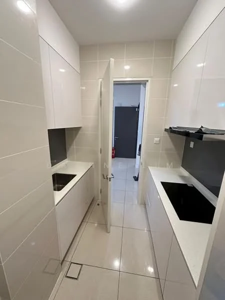 Kitchen features: white glossy cabinetry, grey quartz countertop, single-bowl stainless-steel sink, chrome pull-down faucet, built-in oven, ceramic tile flooring, white tiled walls, recessed downlights, open doorway to adjacent room; style: modern.