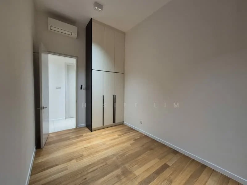 Room features: wooden flooring, white painted walls, built-in wardrobe with sliding doors, wall-mounted air conditioning unit, ceiling light, door leading to another room, neutral color scheme; style: modern.