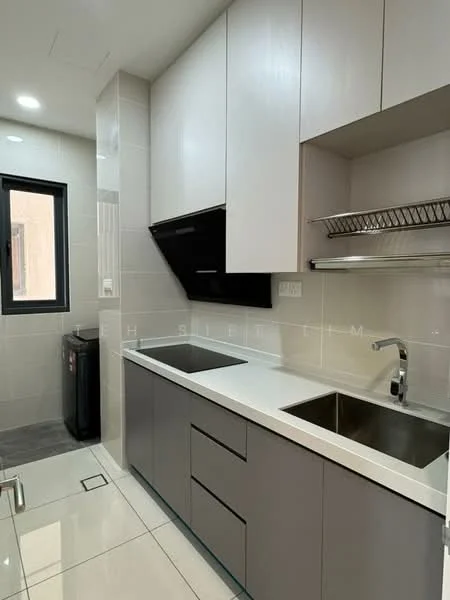 Kitchen features: white cabinetry, grey lower cabinets, marble countertop, single-bowl stainless-steel sink, chrome pull-down faucet, built-in black range hood, wall-mounted shelving, ceramic tile flooring, grey tiled backsplash, recessed downlights, floor-to-ceiling window, black refrigerator; style: modern.