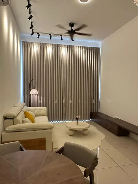 Living features: 3-seater fabric sofa in white, yellow accent cushion, coffee table, area rug, wall-mounted TV console, floor-to-ceiling curtains in grey, recessed LED downlights, ceiling fan, wall sconce, polished tile flooring, decorative lamp; style: modern.