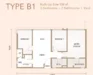 Floor plan: 3-bedroom 2-bathroom unit; features: open-plan kitchen-dining-living, master bedroom with ensuite bathroom, bedroom 2 with shared bathroom, utility room, central foyer, balcony off living room, 2 car porch, 1,200 sqft built-up.