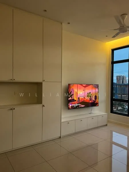Living features: white cabinetry, built-in storage cabinets, wall-mounted TV, cream-colored walls, large window with city view, glossy tile flooring, ceiling fan, recessed lighting; style: modern; view: city.