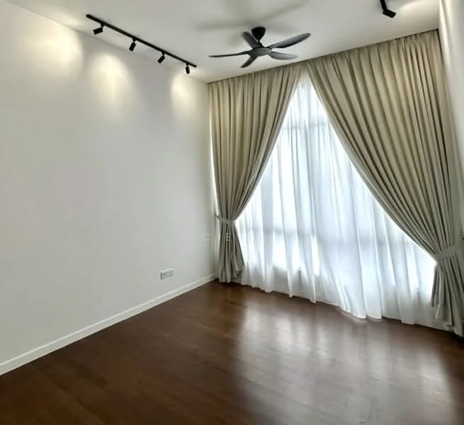 Room features: white painted walls, wooden flooring, 5-blade ceiling fan, recessed LED downlights, floor-to-ceiling windows, sheer curtains, heavy drapes, track lighting; style: modern.