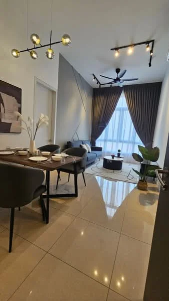 Dining features: 6-seater dining table, black dining chairs, decorative vase with flowers, pendant light fixture with multiple bulbs, polished tile flooring, large window with sheer curtains, wall-mounted artwork, ceiling fan with light, area rug, green potted plant; style: modern. Living features: 3-seater fabric sofa in grey, coffee table, floor-to-ceiling windows, curtains, decorative cushions, wall-mounted TV, accent wall with geometric design; style: modern.