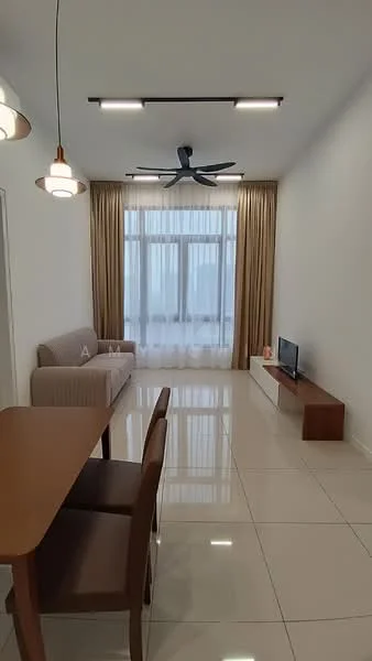 Living features: 3-seater fabric sofa in beige, wooden TV console, wall-mounted TV, dining table with 4 chairs, 5-blade ceiling fan with integrated LED light, floor-to-ceiling windows, sheer curtains, white painted walls, glossy tile flooring, decorative pendant light; style: modern; view: city.