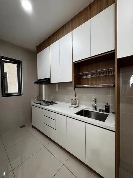 Kitchen features: white cabinetry with flat-panel doors, wooden upper cabinets, stainless-steel sink, chrome pull-down faucet, white quartz countertop, built-in stove, kitchen hood, glass backsplash, tile flooring, window with black frame, open shelving, dish rack; style: modern.