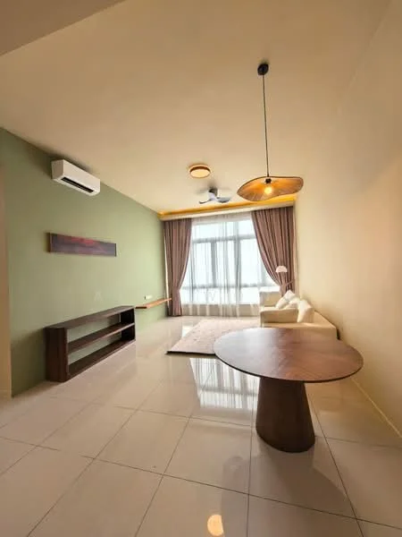 Living features: cream painted walls, green accent wall, white ceiling, recessed downlights, pendant light, 5-blade ceiling fan, floor-to-ceiling windows, sheer curtains, light-colored sofa, wooden coffee table, TV console, marble tile flooring; style: modern; view: city.
