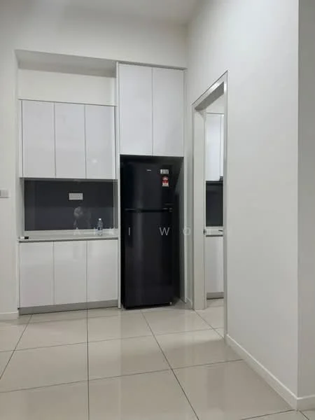 Kitchen features: white cabinetry with flat-panel doors, black fridge, grey backsplash, white countertop, stainless-steel sink, single-bowl stainless-steel sink, ceramic tile flooring, recessed lighting, water bottle on countertop, mirror on wall; style: modern.