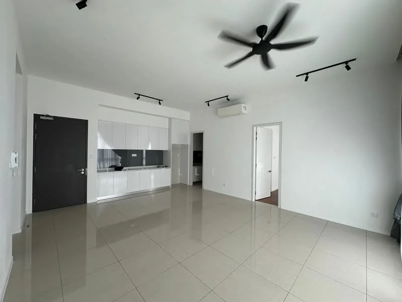 Living features: white painted walls, glossy beige tile flooring, 5-blade ceiling fan, recessed LED downlights, sliding glass door, open kitchen layout, kitchen cabinetry with white finish, air conditioning unit; style: modern.