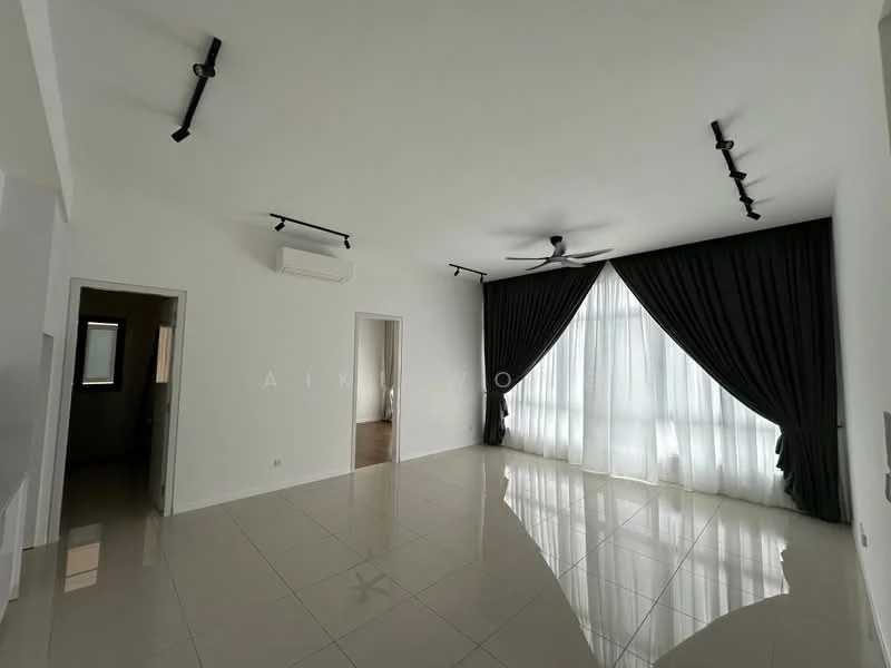 Living features: white painted walls, glossy tile flooring, 5-blade ceiling fan, recessed LED downlights, floor-to-ceiling windows, sheer curtains, blackout curtains, track lighting; style: modern.