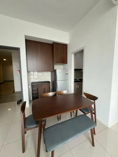 Dining features: wooden dining table, 4 wooden dining chairs, grey upholstered bench, white walls, glossy tile flooring, brown cabinetry, stainless-steel fridge, built-in kitchen cabinet, open layout to living area; style: modern.